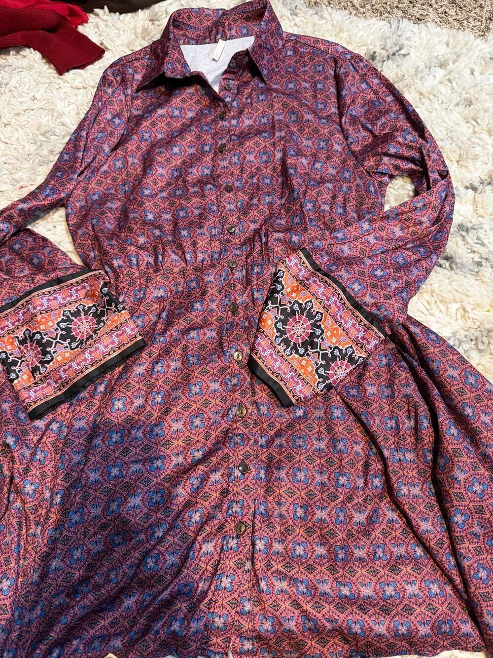 Free People Long Sleeve Button-Front Maxi Dress in Red and Blue Mosaic Print